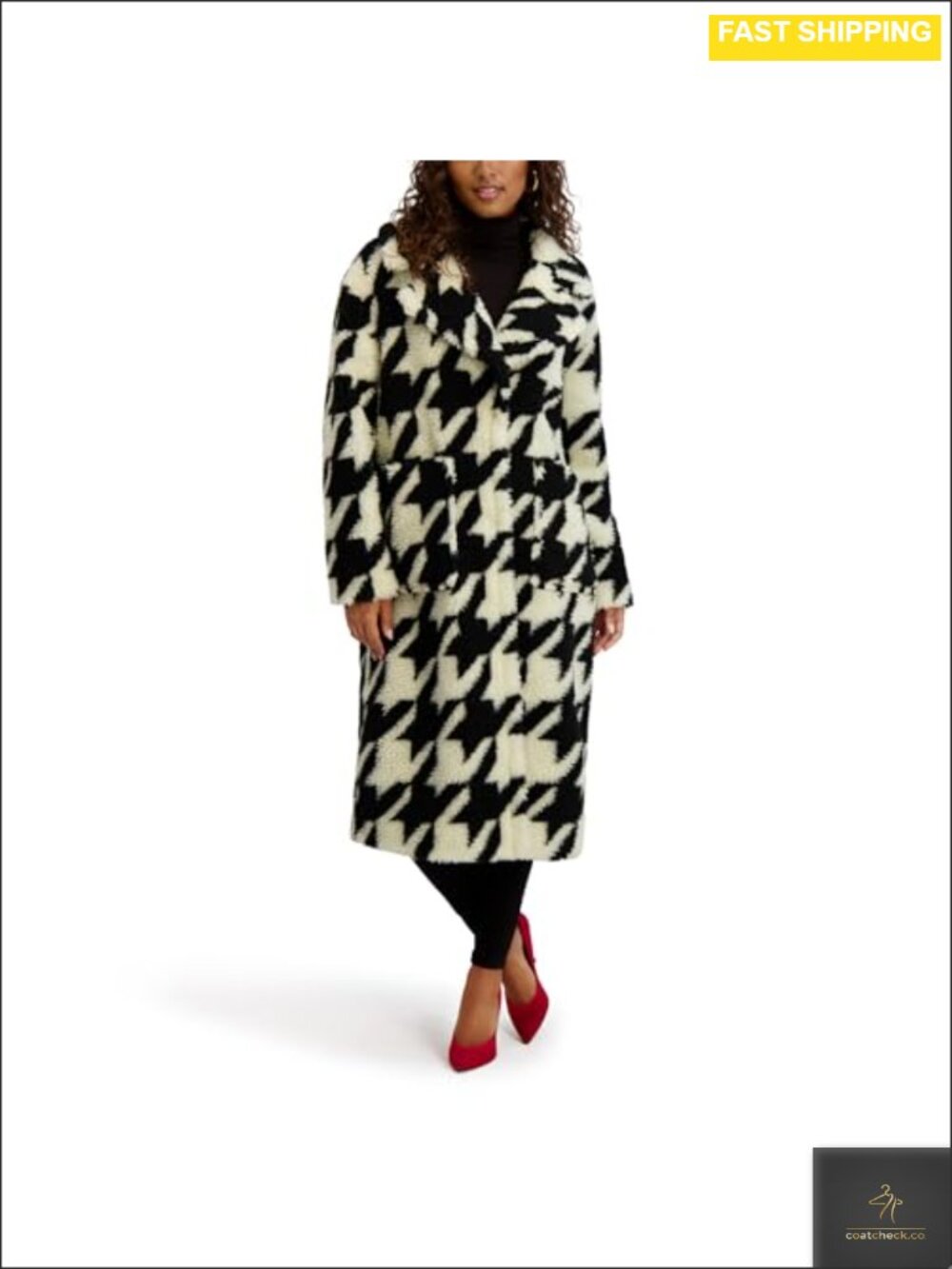 Houndstooth Faux Fur Sherpa Walker Coat Long Sleeve Oversized Lapels